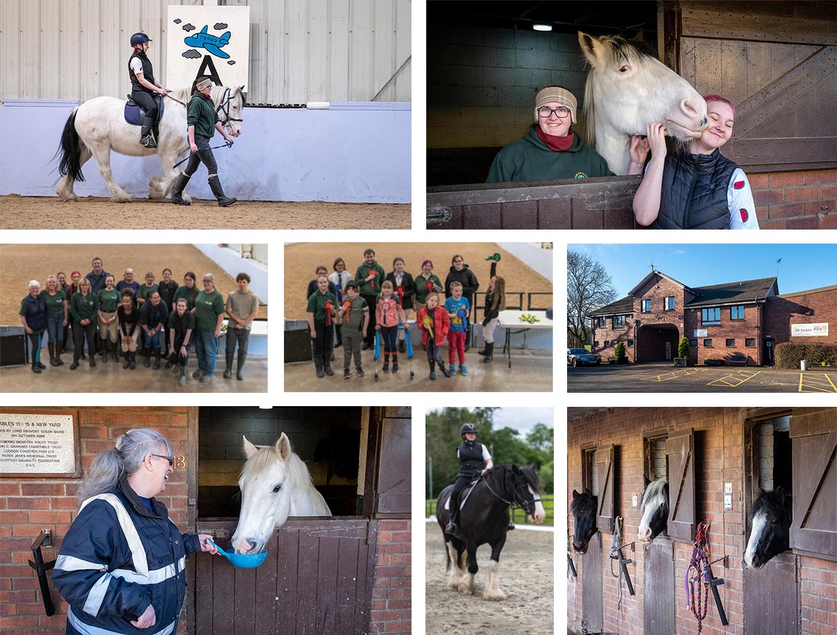 Various images of people and horses from Glasgow Riding